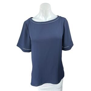 Ann Taylor Women's Navy Blue Short Sleeve Boat Neck Loose Fit Blouse Shirt Top S